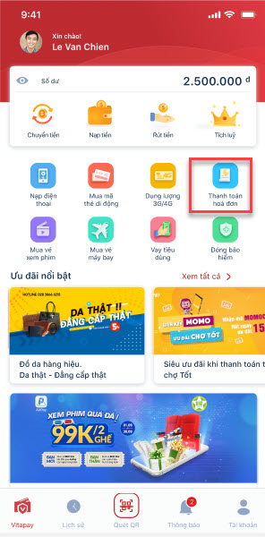 Chọn dịch vụ Thanh toán hóa đơn trên Ví VitaPay